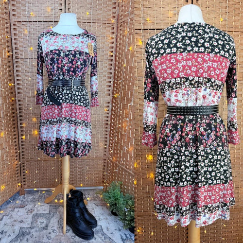 Boho Floral Patchwork Mini Dress UK 14 Cottagecore Belted