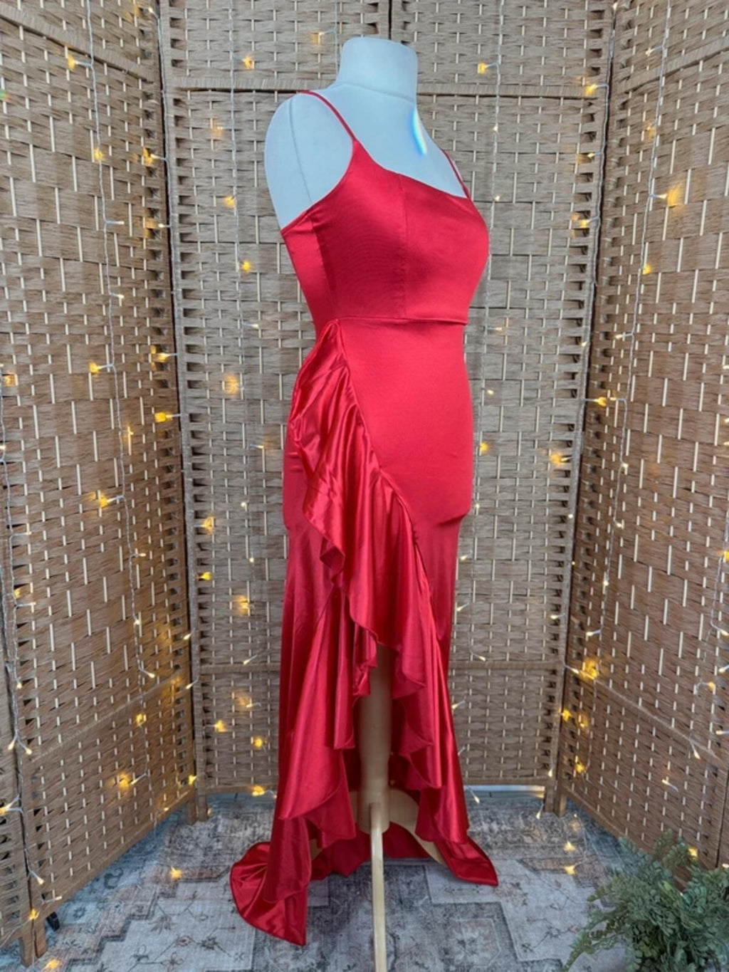 Elegant Red Satin Ruffle High-Low Evening Dress Size UK 8-10