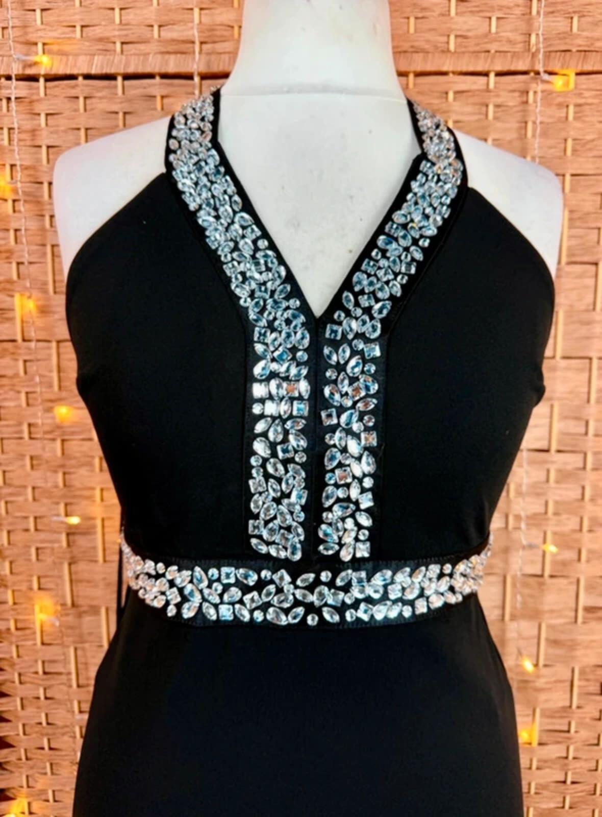 Black Diamante Halter Prom Dress Backless Evening Gown UK 10 12