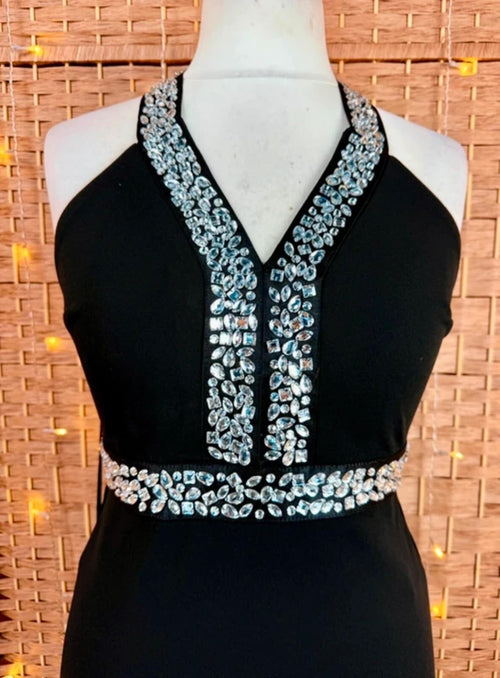 Black Diamante Halter Prom Dress Backless Evening Gown UK 10 12
