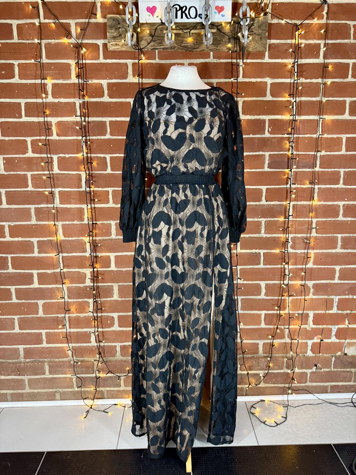 🌿 Goddiva London Black Leaf Lace Maxi Dress – UK 8
