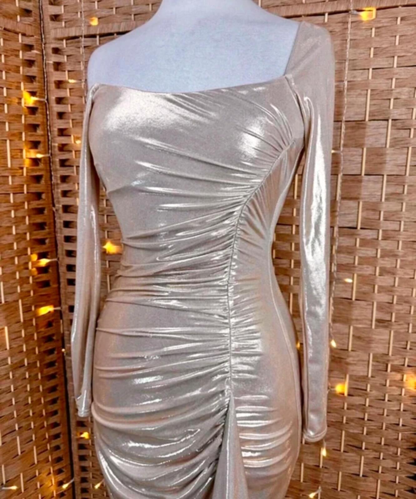 Champagne Shimmer Ruched Maxi Dress UK 6-8 Glam Occasion