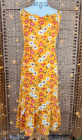 Yellow Floral Summer Midi Dress UK 14 Shirred Back Holiday Beach