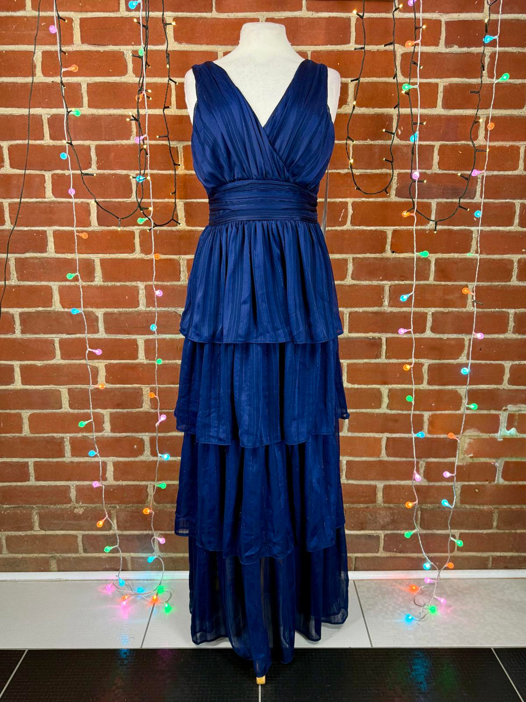 Goddiva Navy Tiered Shimmer Maxi Dress UK 10 / US 6                         .313