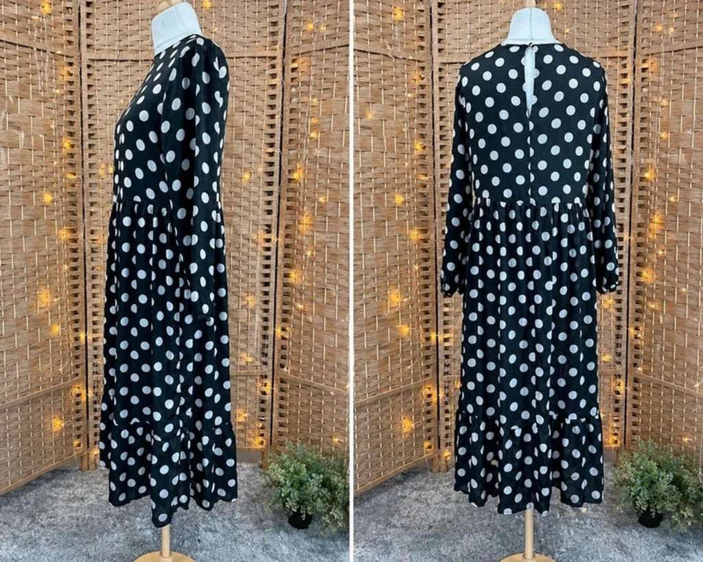 Black White Polka Dot Midi Dress UK14 US10 Long Sleeve Tiered