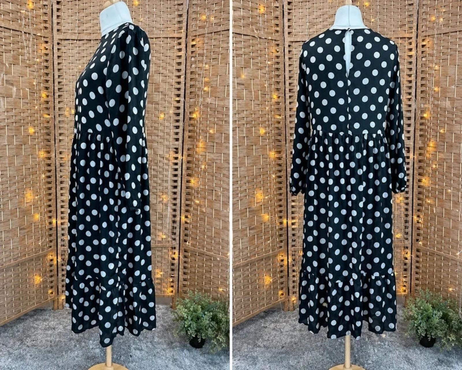 Black White Polka Dot Midi Dress UK14 US10 Long Sleeve Tiered