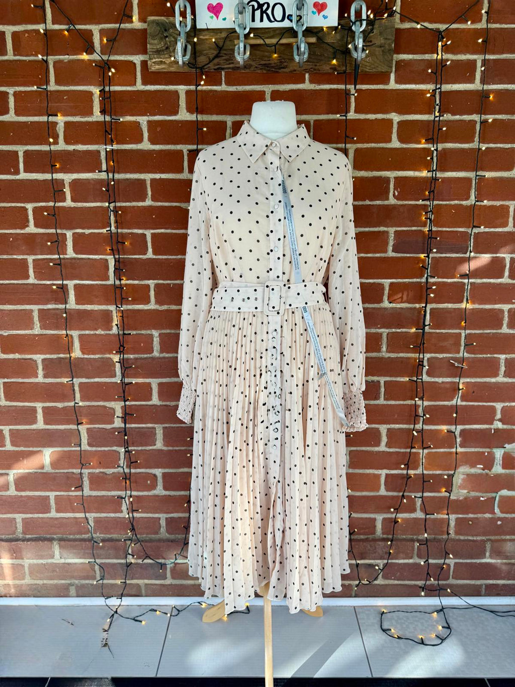 Goddiva Cream Beige Polka Dot Pleated Midi Shirt Dress UK 14 BNWT