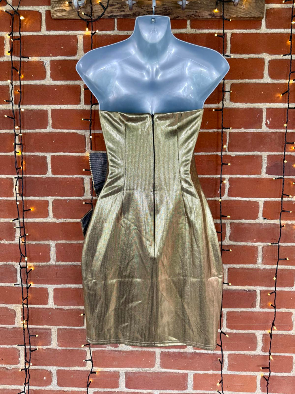 Gold Metallic Strapless Pleated Mini Dress UK Size 8–10