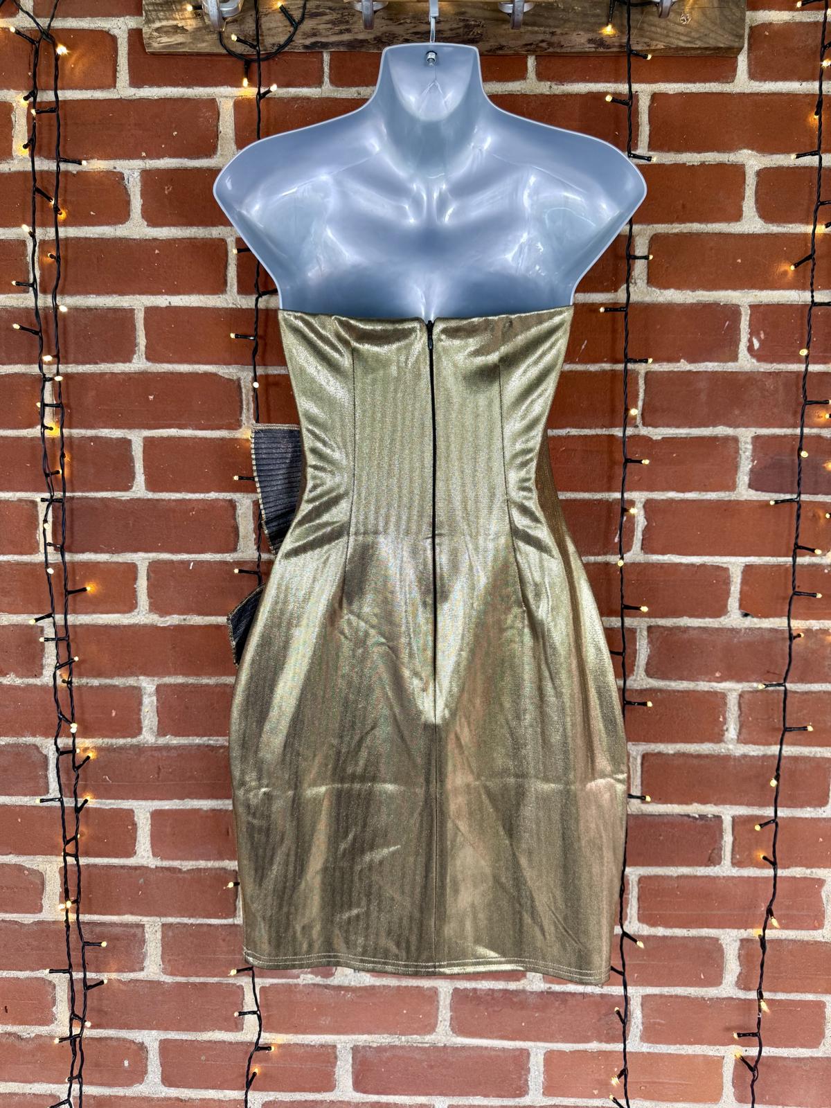 Gold Metallic Strapless Pleated Mini Dress UK Size 8–10