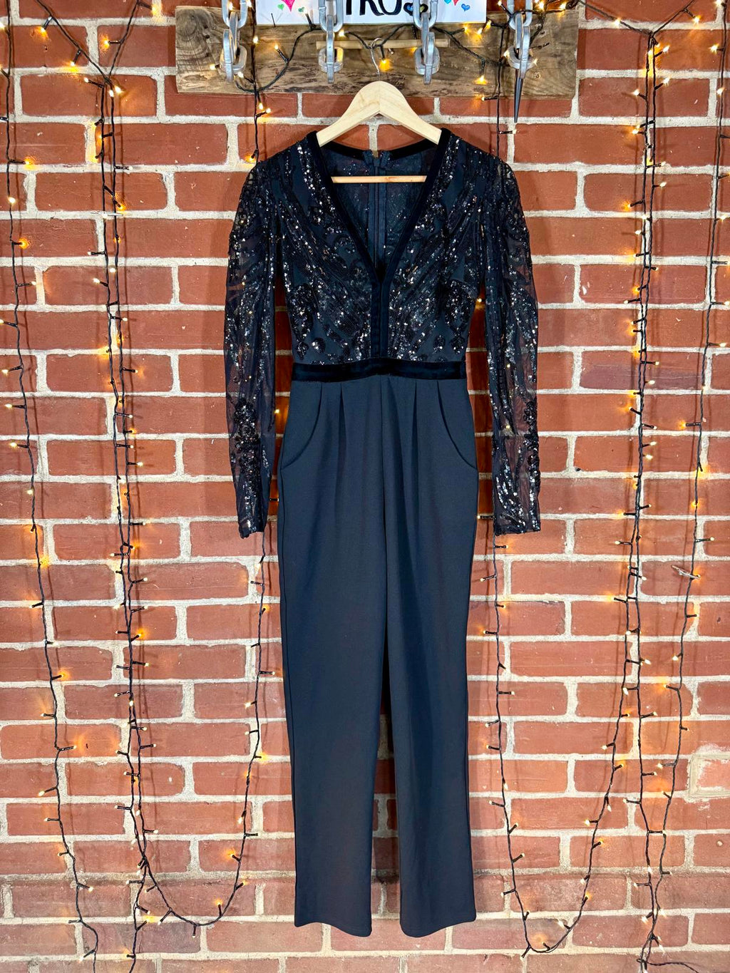 Goddiva London Black Sequin Mesh Bodice Jumpsuit – UK 8