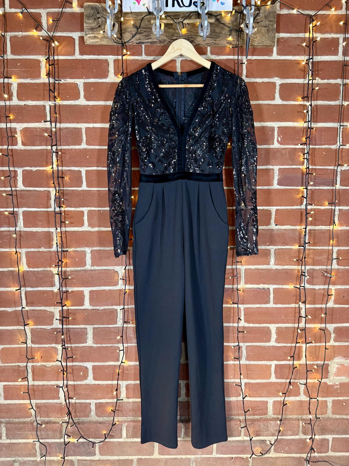Goddiva London Black Sequin Mesh Bodice Jumpsuit – UK 8