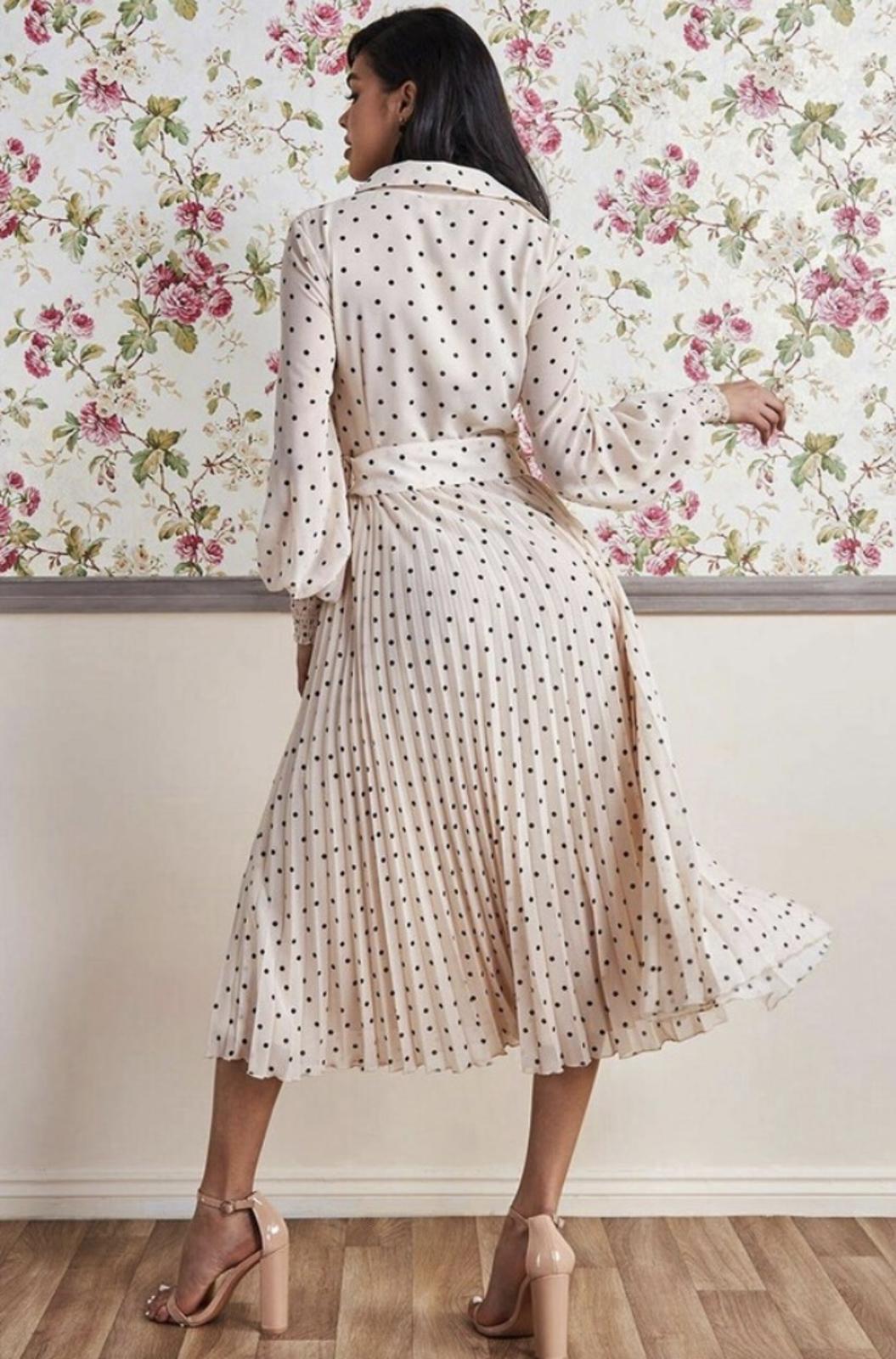 Goddiva Cream Beige Polka Dot Pleated Midi Shirt Dress UK 14 BNWT