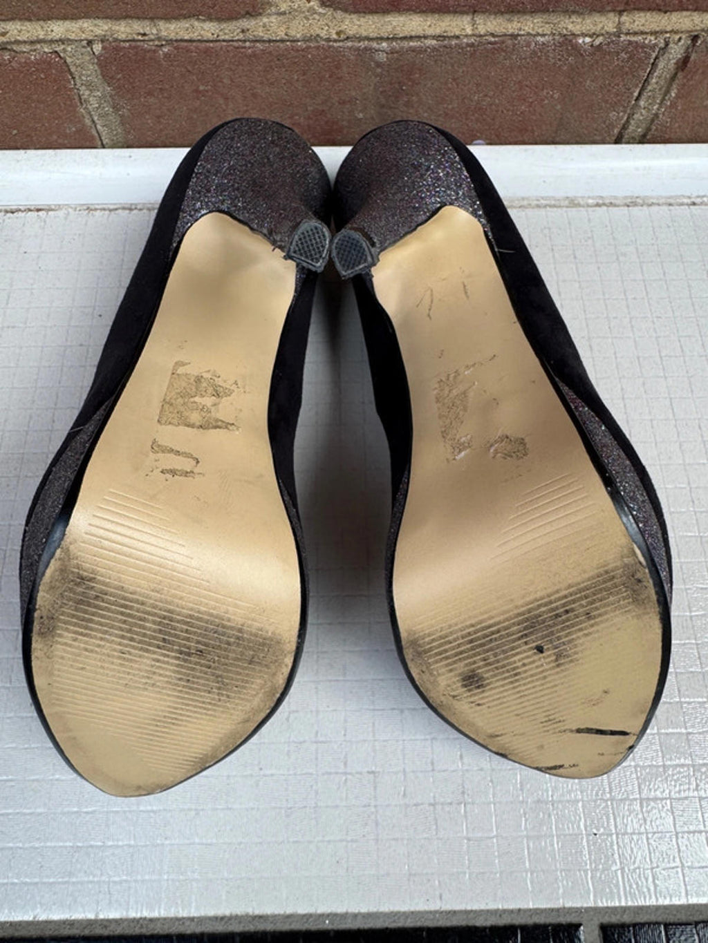 Roland Cartier Black Suede Glitter Platform Peep Toe Heels UK 6