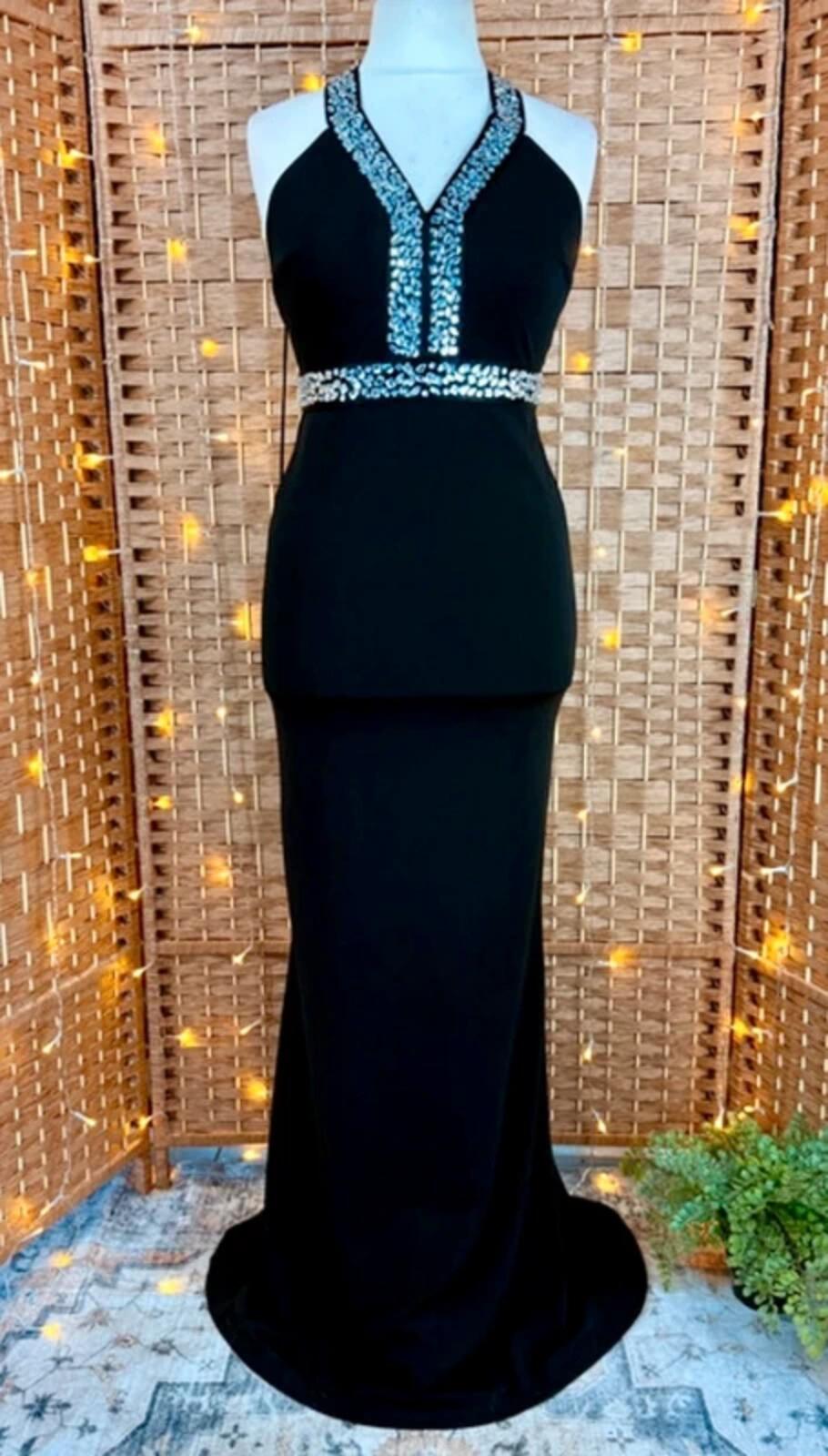Black Diamante Halter Prom Dress Backless Evening Gown UK 10 12