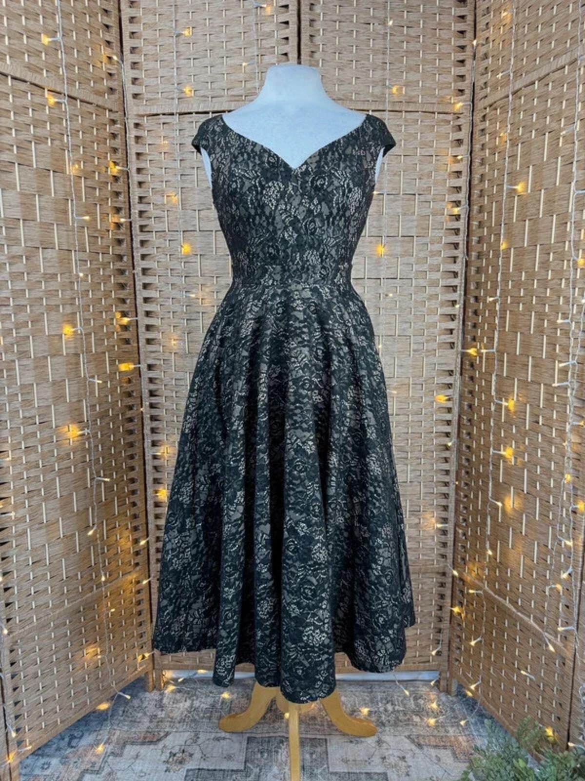 Black Lace Midi Dress UK 6 8 Fit Flare Party Evening Wedding Guest NWOT