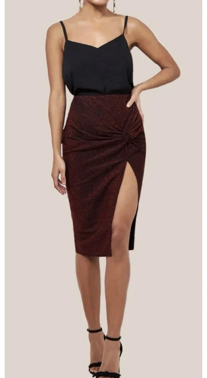 Chic Burgundy Midi Skirt with Side Slit - Size 10 - BNWT