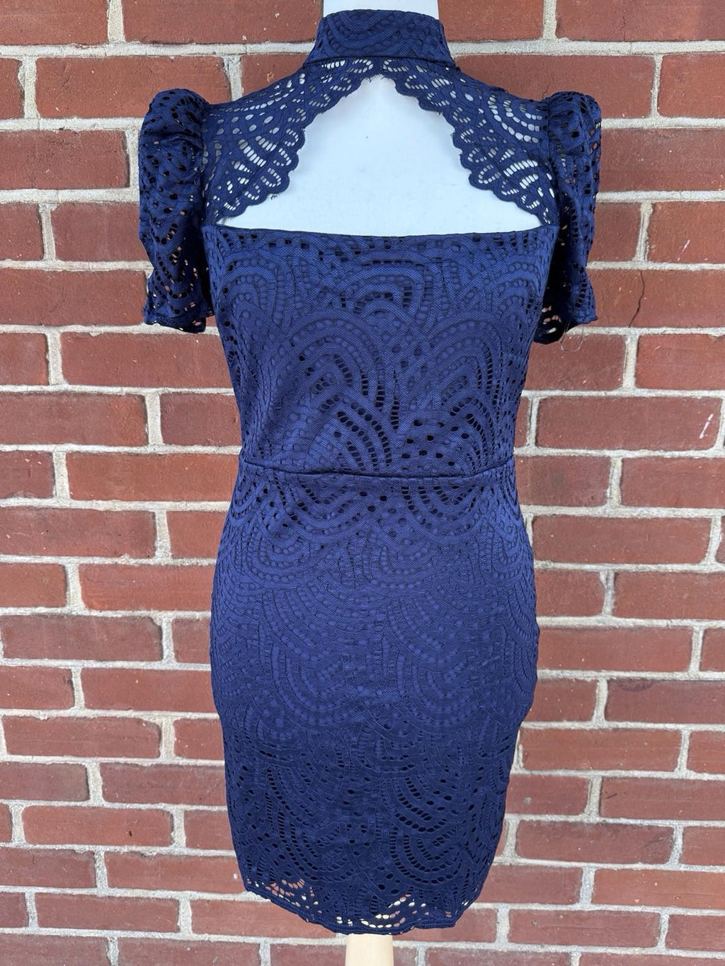 City Goddess London Navy Lace Bodycon Dress Cut Out Back UK Size 14