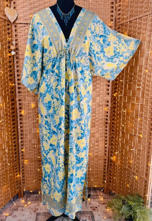 All Things Asia 100% Adjustable Silk Boho Kaftan Maxi Dress UK 14-18