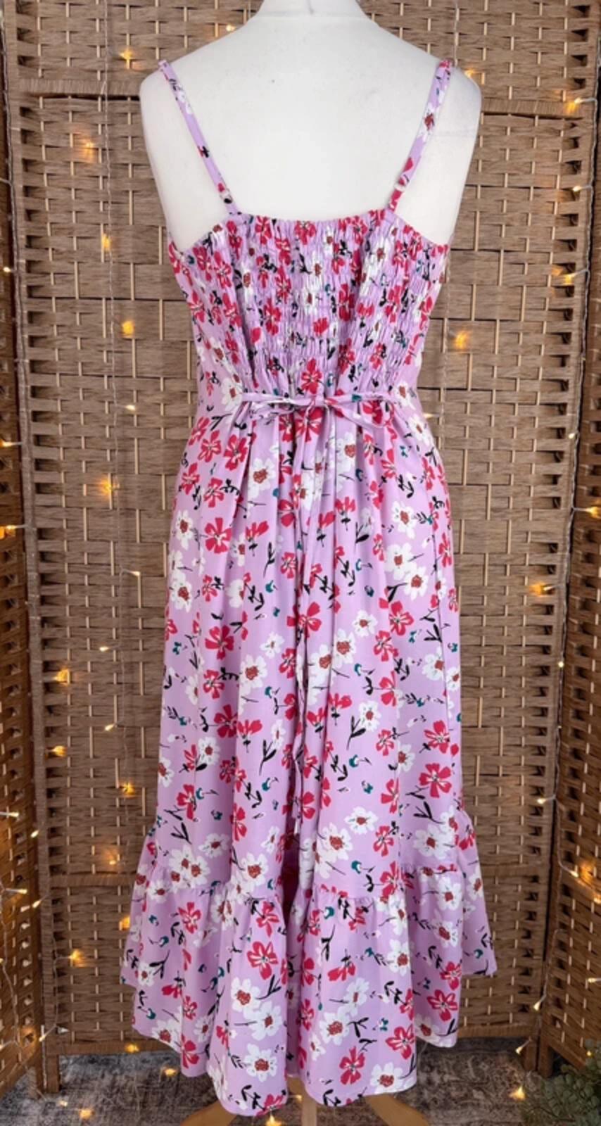 Pink Floral Summer Midi Dress UK 14 Shirred Back Holiday Beach