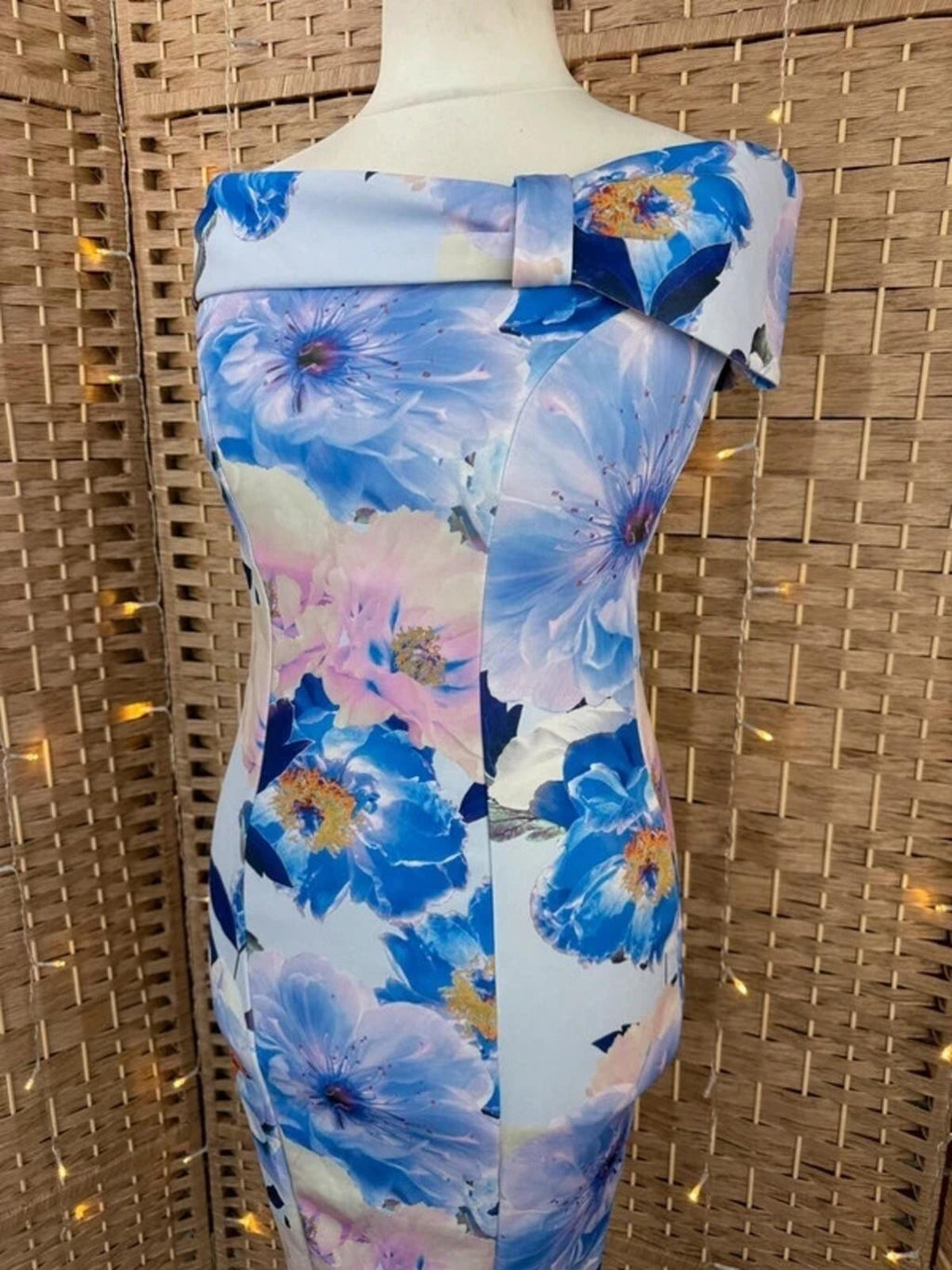Scuba Crepe Floral Bardot Midi Dress UK 12 Bodycon Occasion