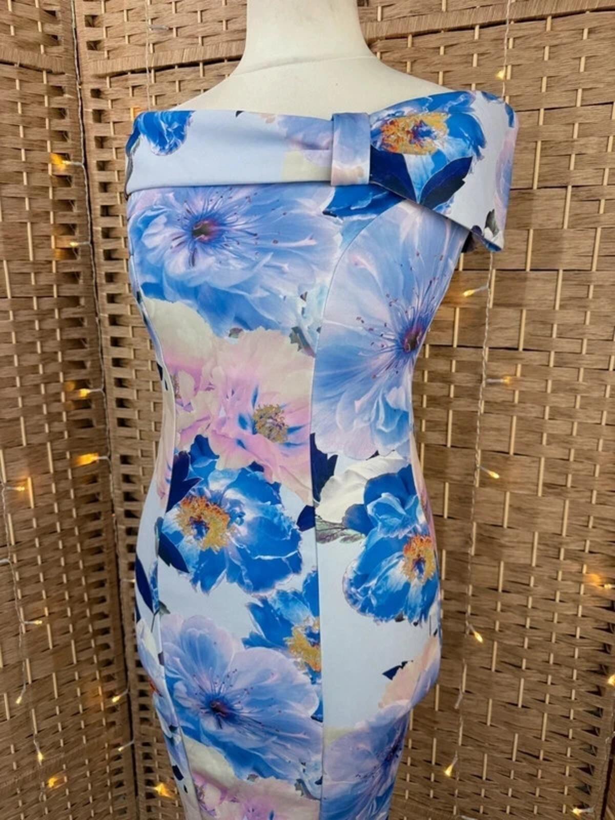 Scuba Crepe Floral Bardot Midi Dress UK 12 Bodycon Occasion