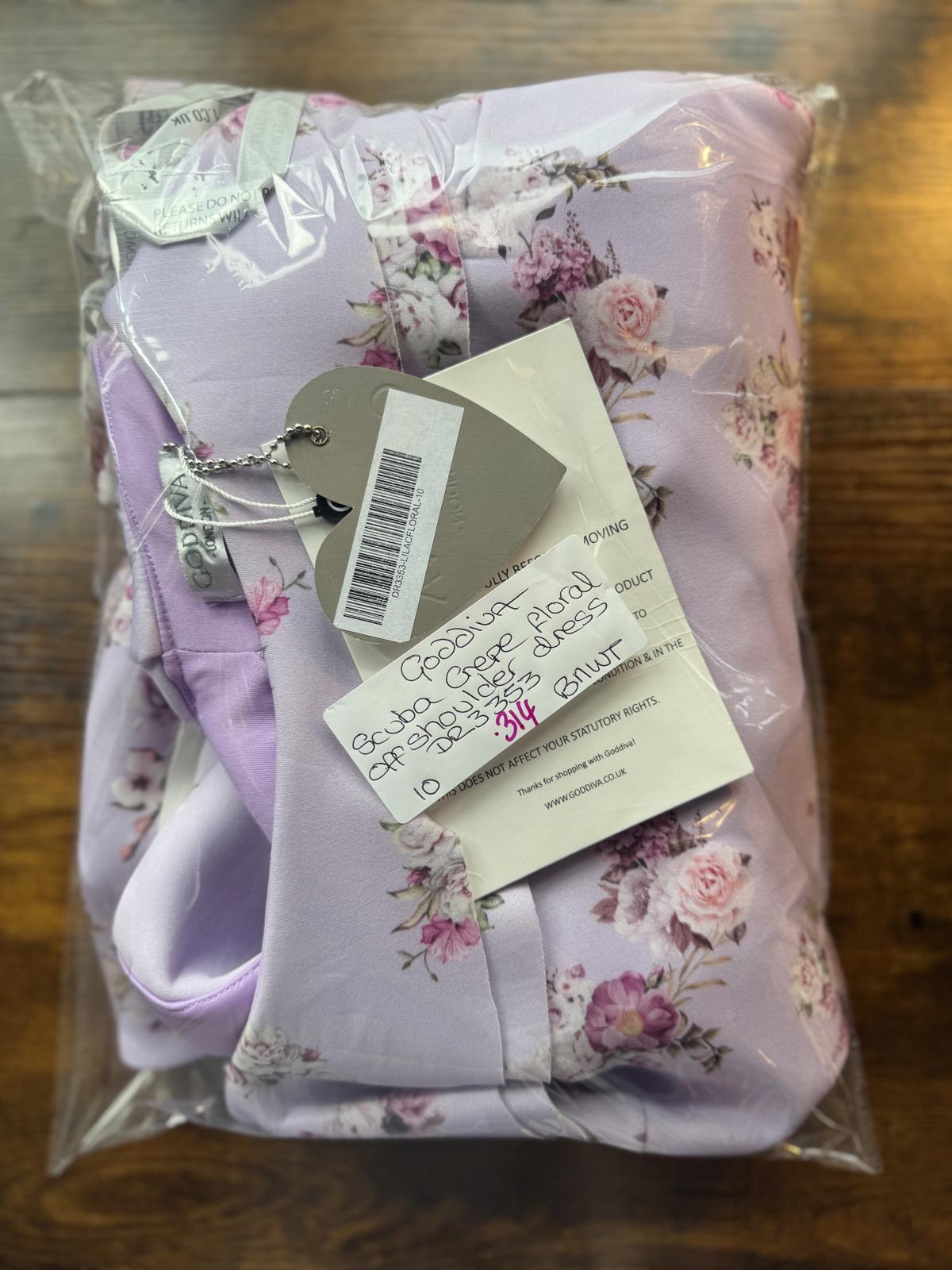 Goddiva Lilac Floral Off-Shoulder Scuba Crepe Midi Dress UK 10 / US 6       .314