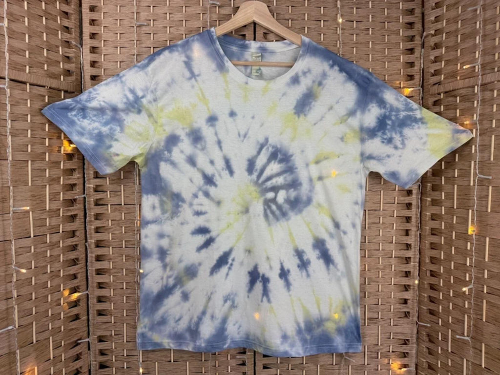 Hand Dyed Tie Dye T-Shirt XL UK 16-18 Blue Green Cotton Tee