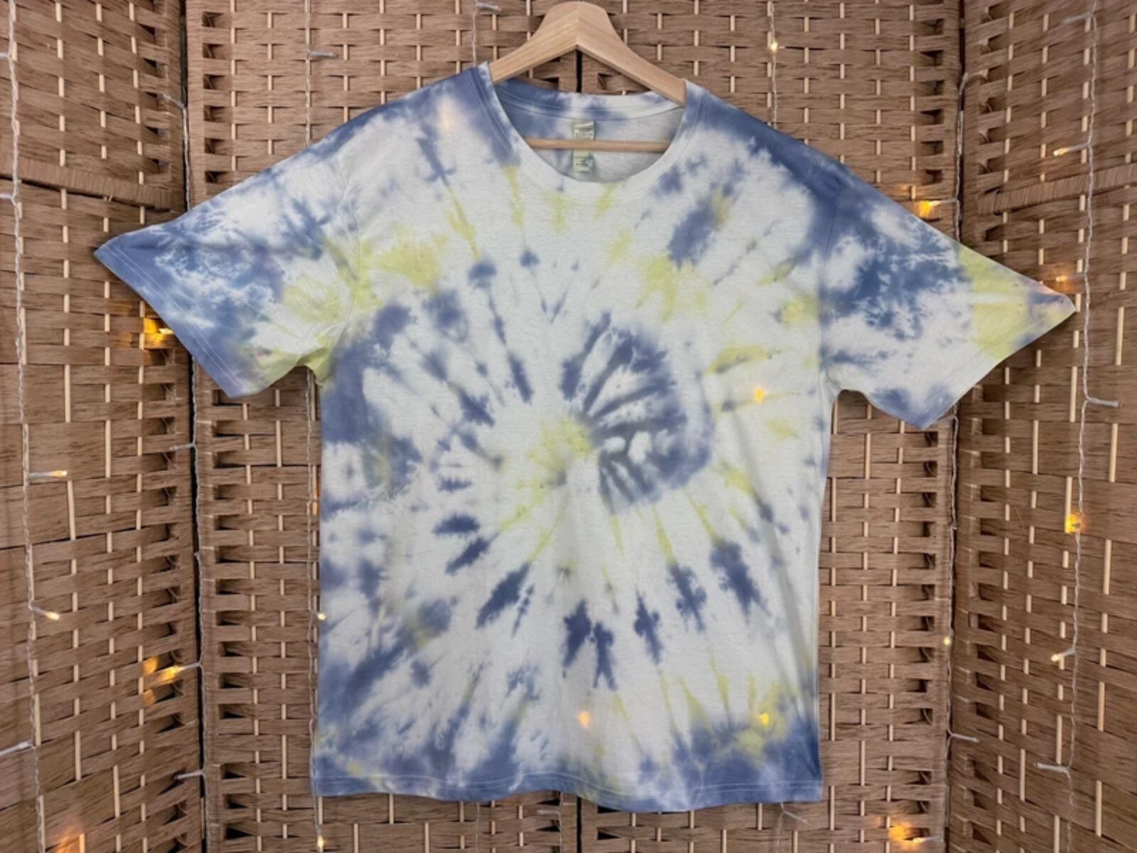 Hand Dyed Tie Dye T-Shirt XL UK 16-18 Blue Green Cotton Tee
