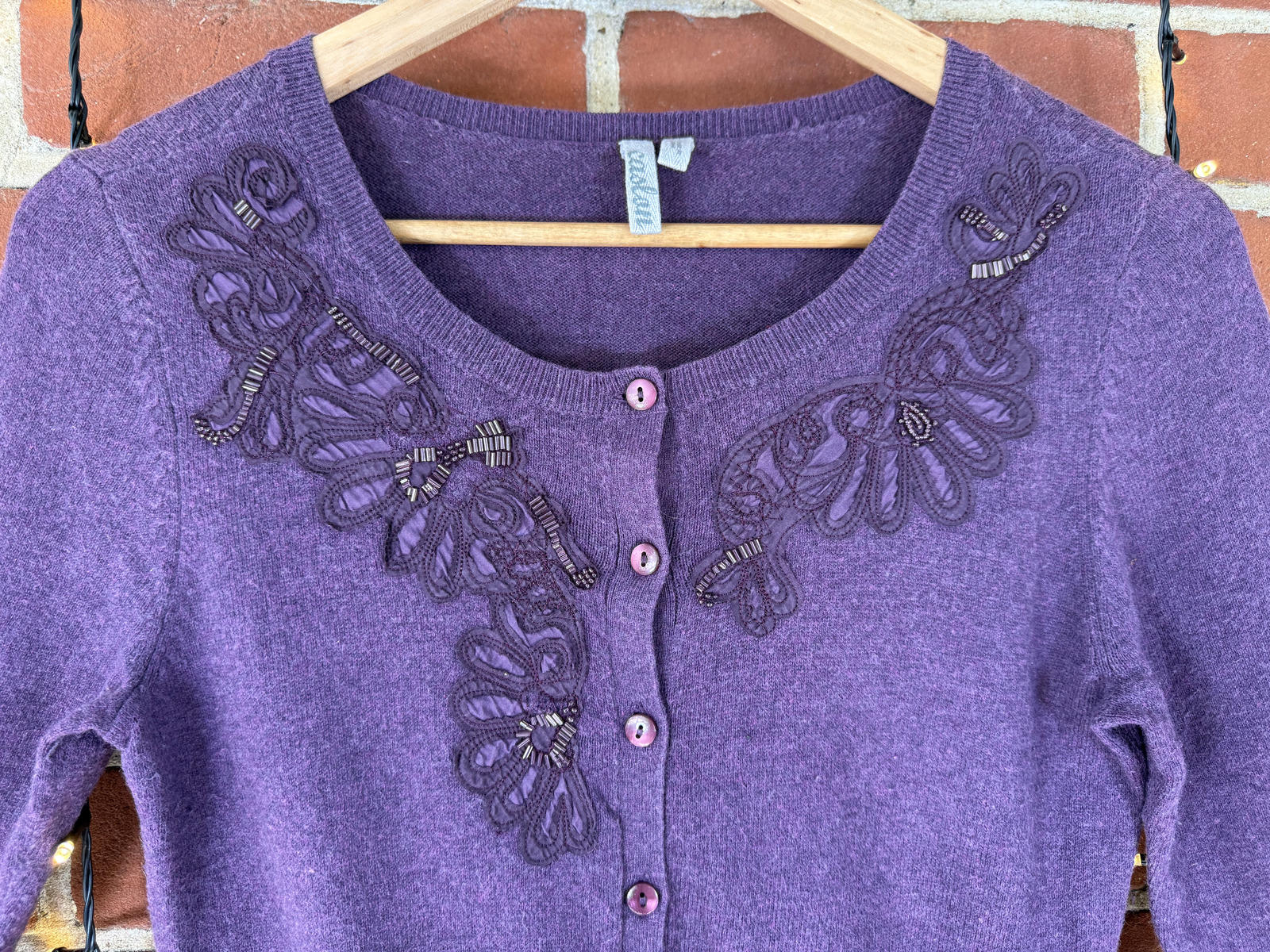 Purple Cashmere Blend Embroidered Button Cardigan UK 8-10      N62