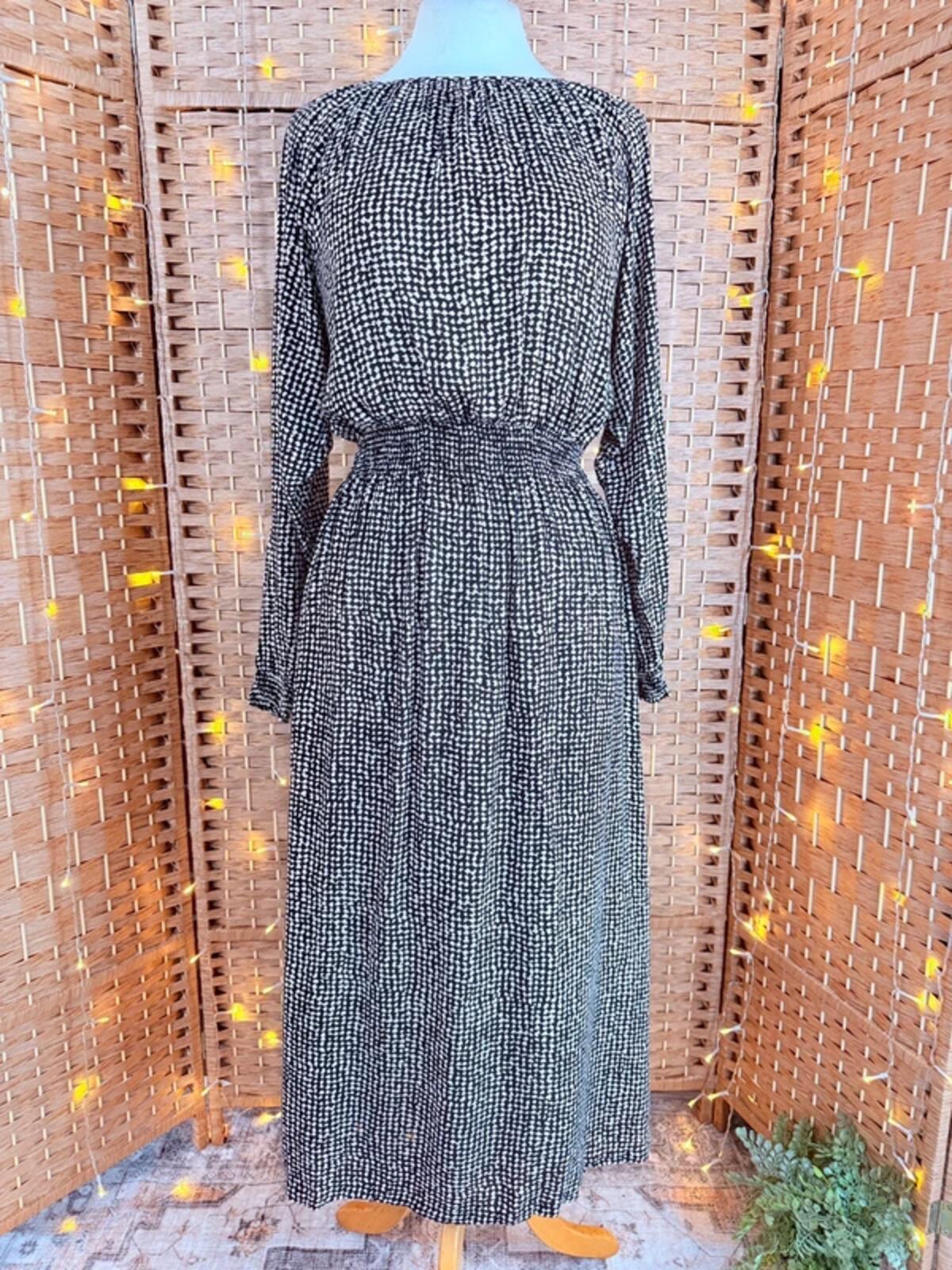 H&M Black White Midi Dress UK 8 - 10 S Boho Smock Long Sleeve