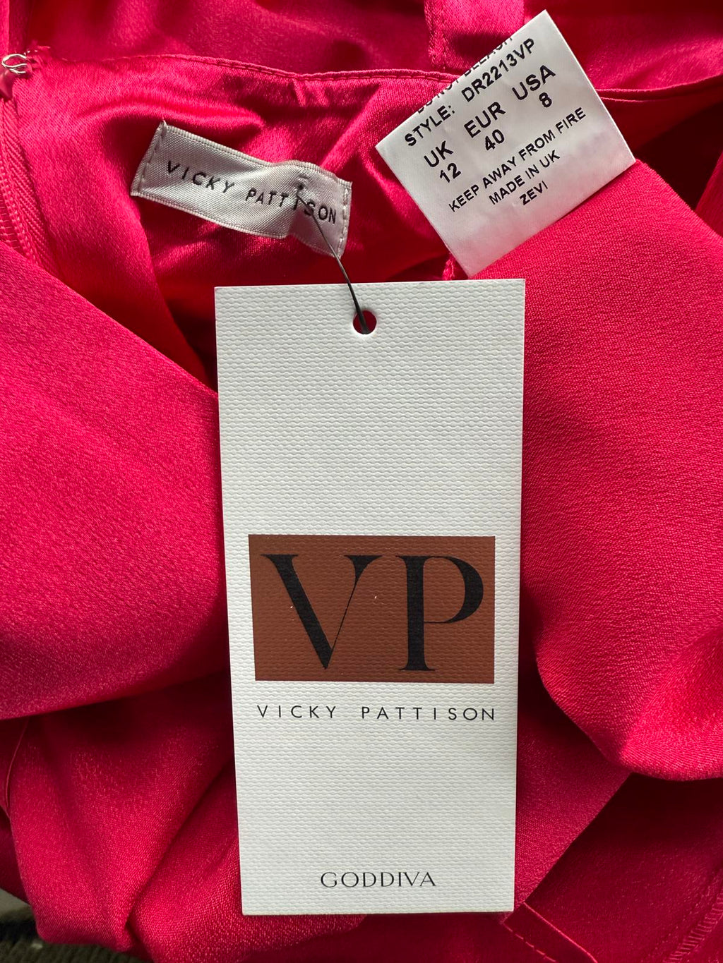 💗Vicky Pattison x Goddiva Hot Pink Satin Halter Maxi Dress UK 12 #105