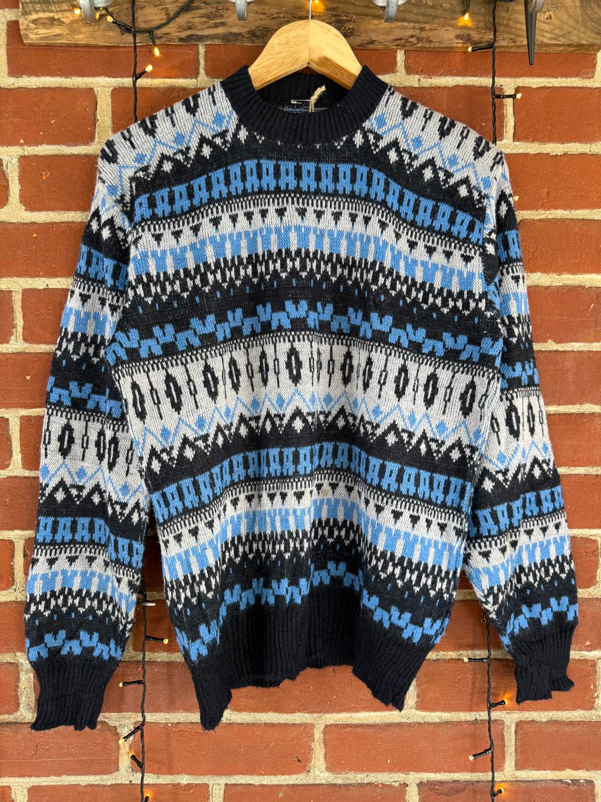 Men’s Fair Isle Knit Jumper Blue Grey Crew Neck M (38–40” Chest) NUM4