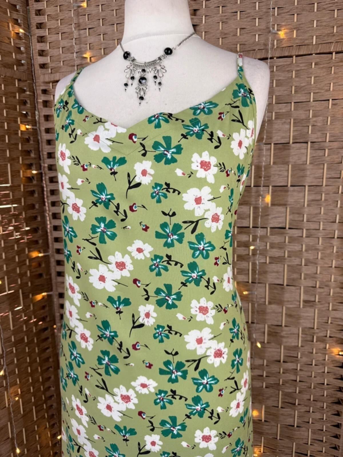 Green Floral Summer Midi Dress UK 14 Shirred Back Holiday Beach