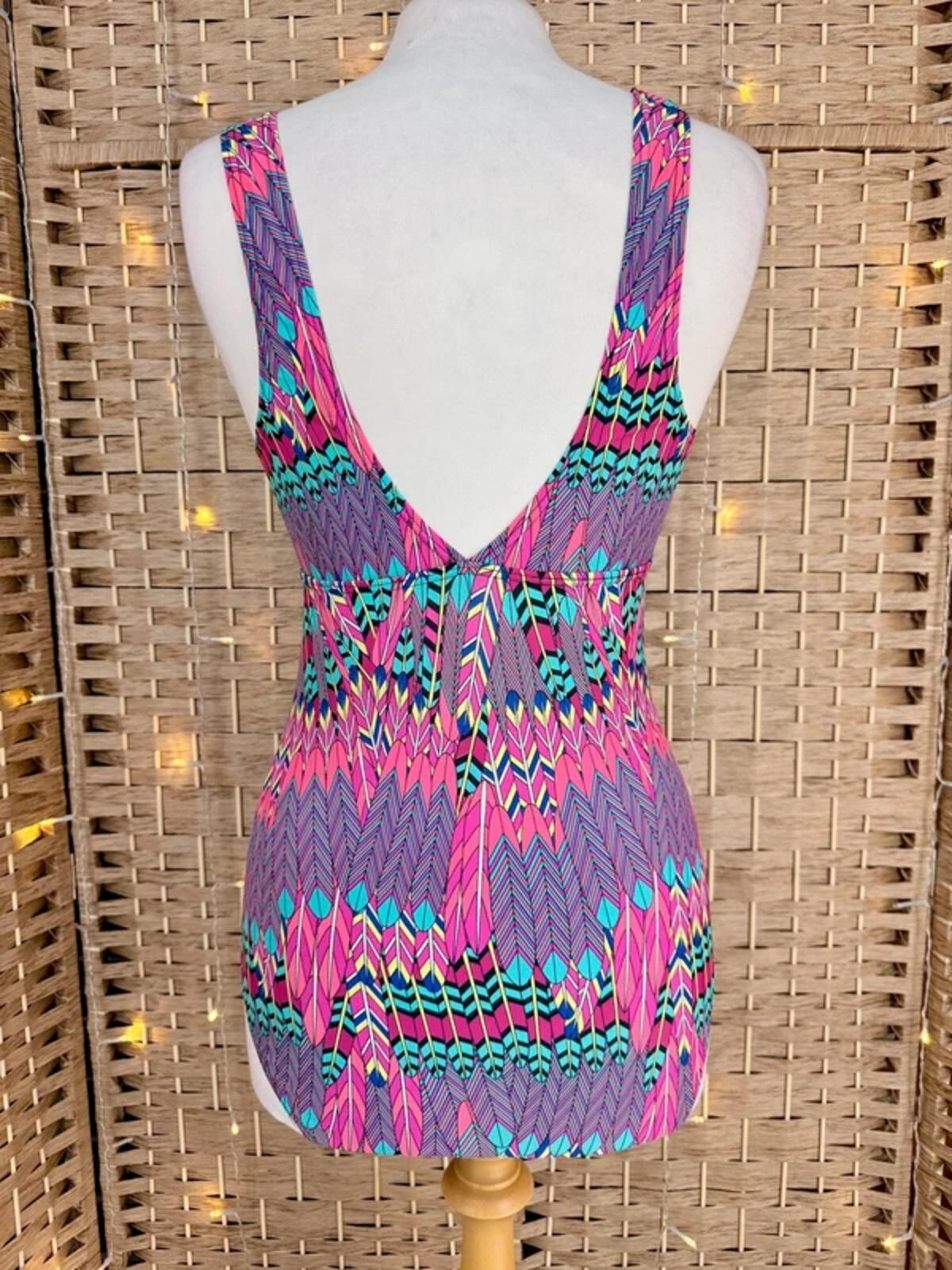Pink Geometric Swimsuit UK 14 Plunge One Piece Stretch