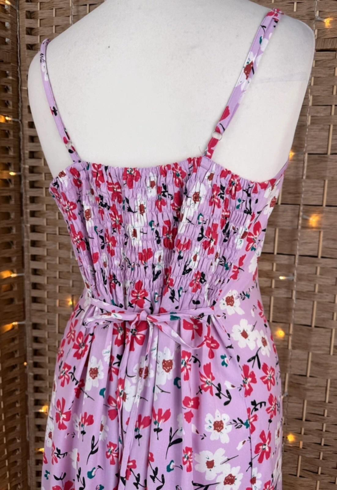 Pink Floral Summer Midi Dress UK 14 Shirred Back Holiday Beach