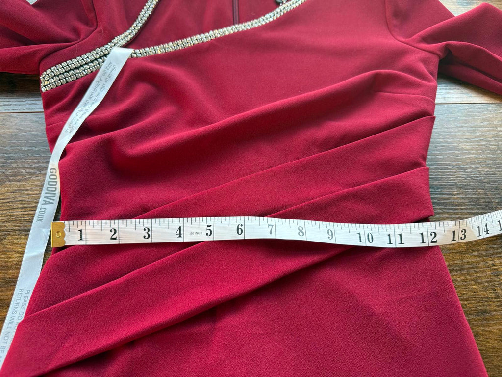 Goddiva London DR4421 Wine Red Embellished Midi Dress UK 8 – Ruched Wrap Style