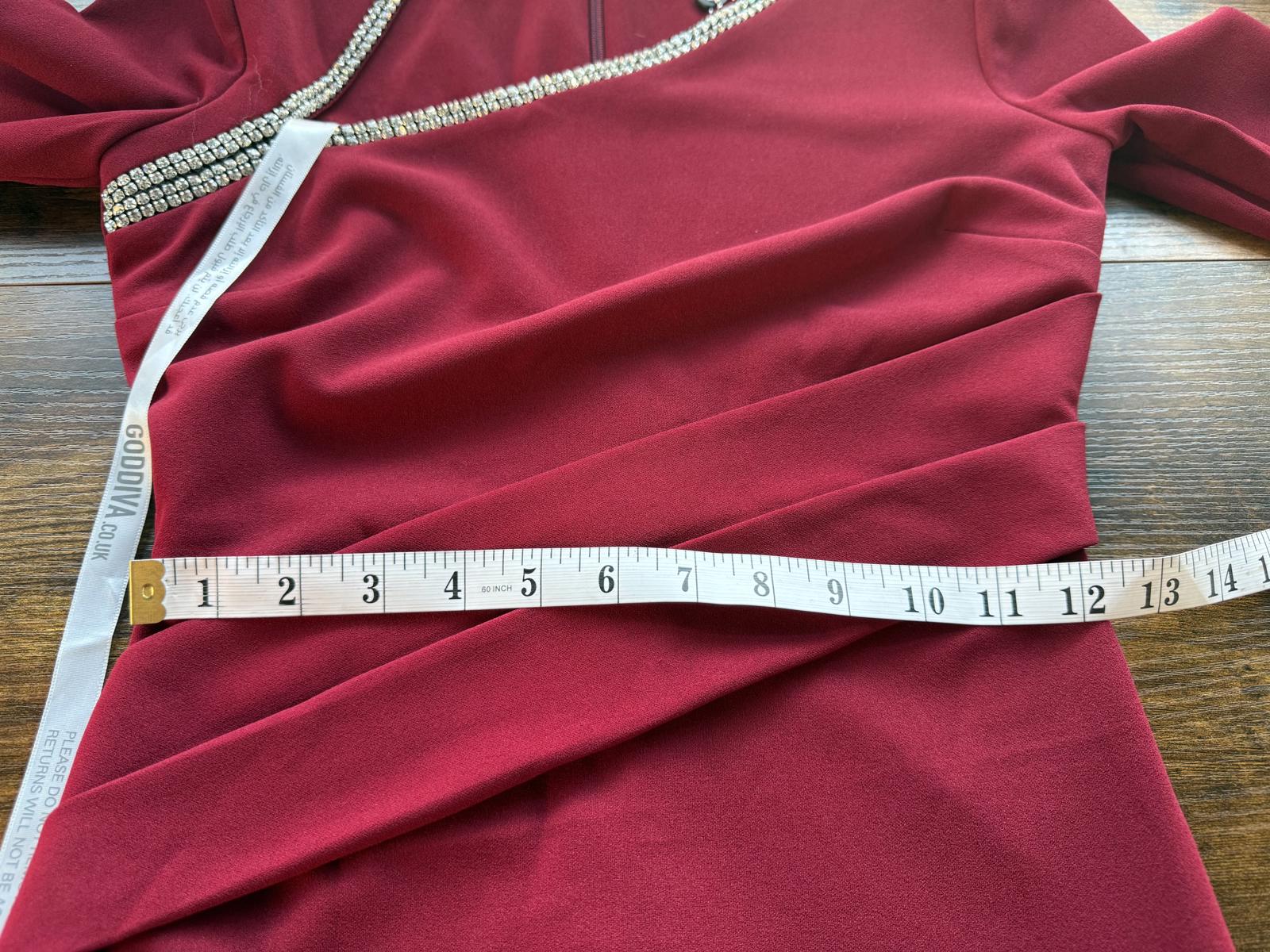 Goddiva London DR4421 Wine Red Embellished Midi Dress UK 8 – Ruched Wrap Style