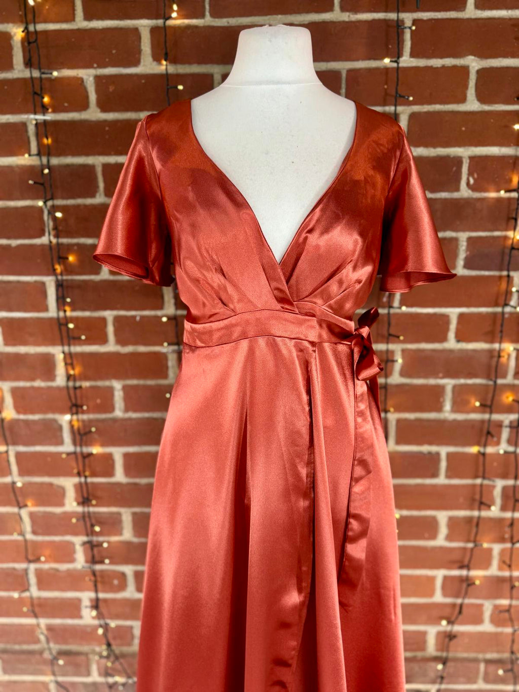 Goddiva DR3955 Burnt Orange Satin Wrap Maxi Dress UK 8 BNWT Occasion #134