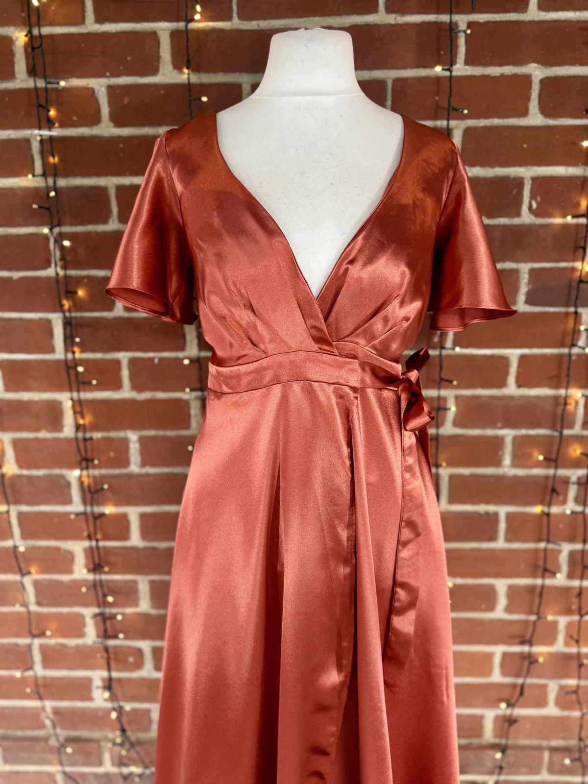 Goddiva DR3955 Burnt Orange Satin Wrap Maxi Dress UK 8 BNWT Occasion #134