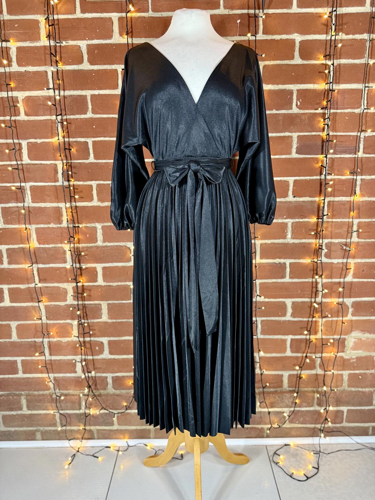 Shiny Black Pleated Midi Dress – Size S–8 (BNWT)