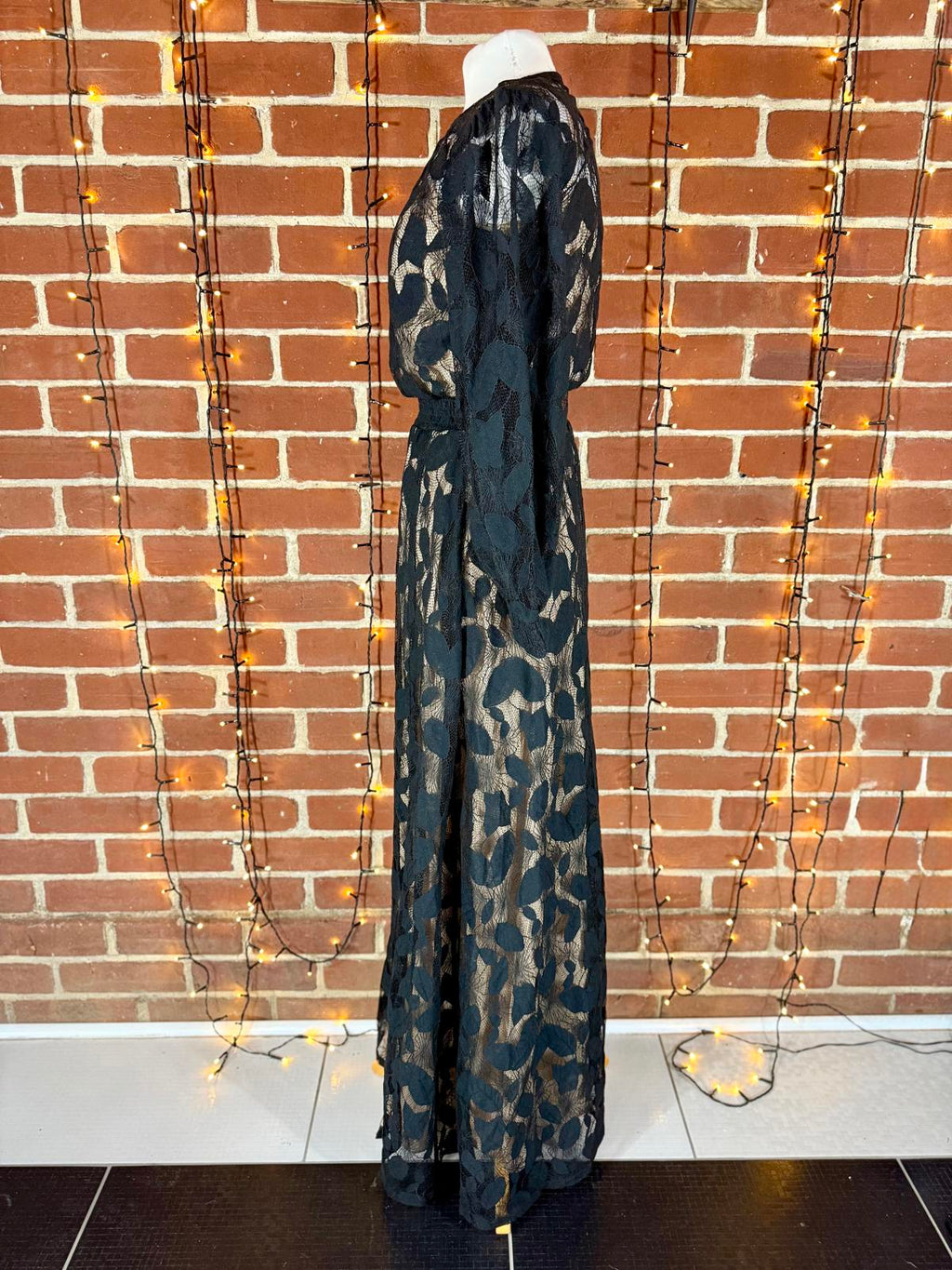 🌿 Goddiva London Black Leaf Lace Maxi Dress – UK 8