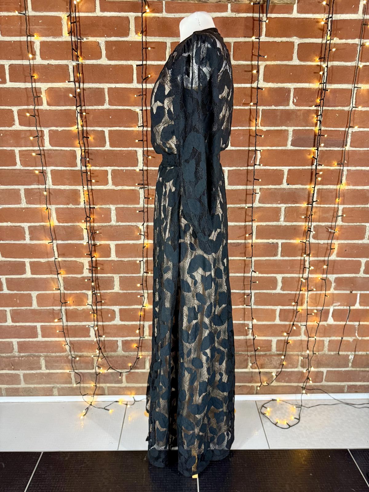 🌿 Goddiva London Black Leaf Lace Maxi Dress – UK 8