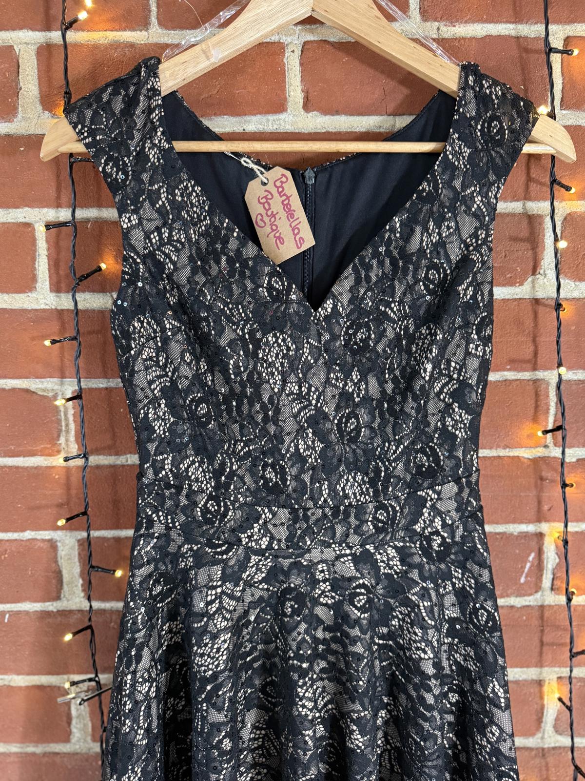 Black Lace Sequin Fit & Flare Midi Dress UK 6 EU 34 US 2 Party Evening Wedding