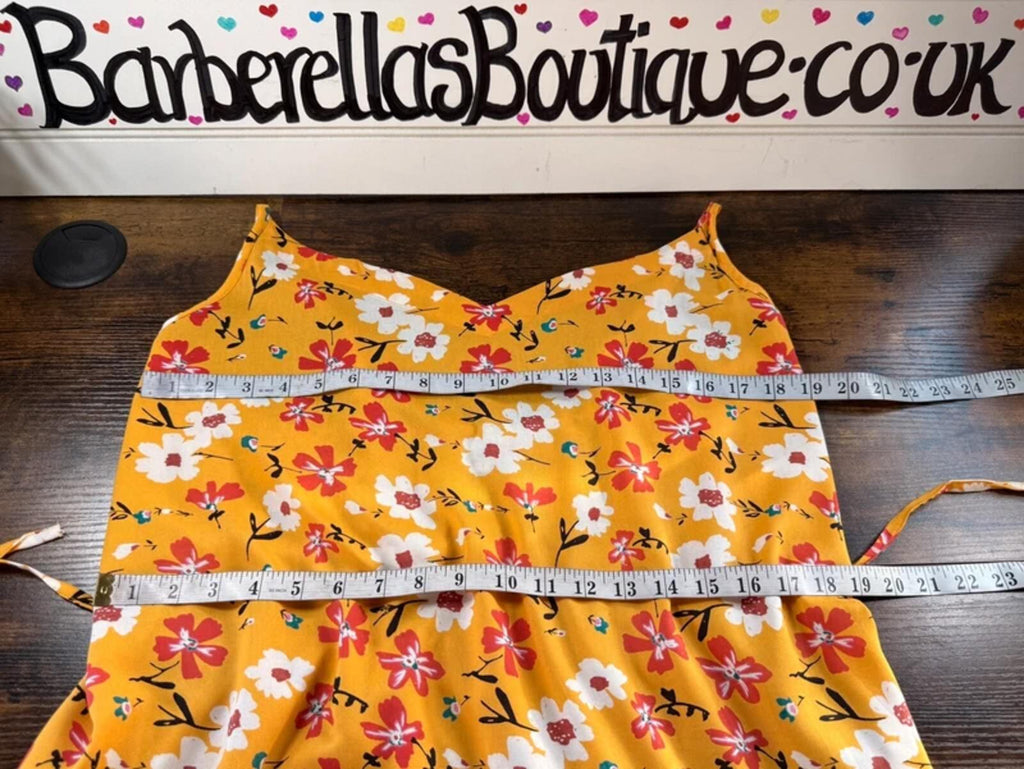 Yellow Floral Summer Midi Dress UK 14 Shirred Back Holiday Beach