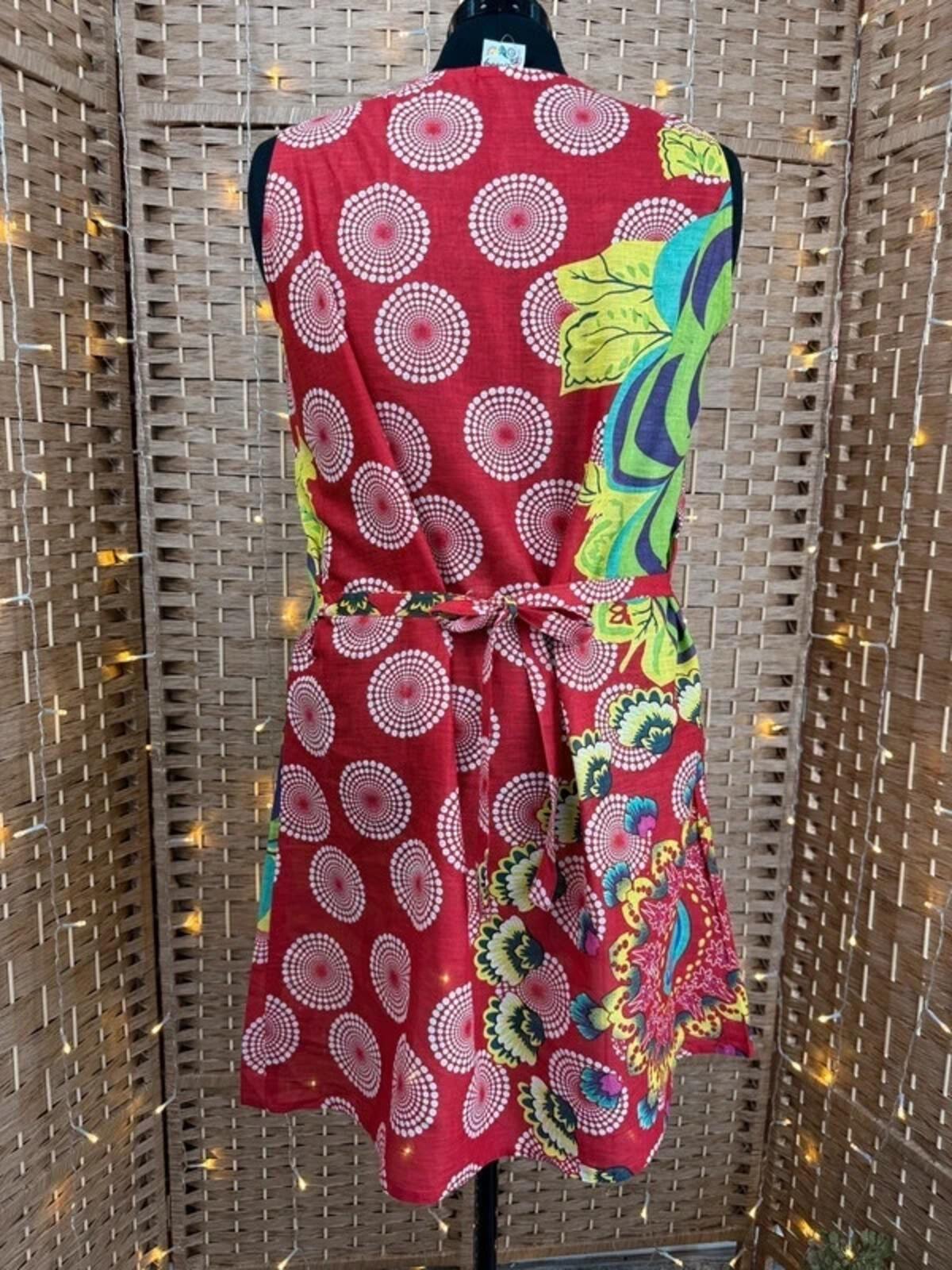 Hunny Design Cotton Dress UK 14 16 Red Boho Floral Festival Summer Tie Back