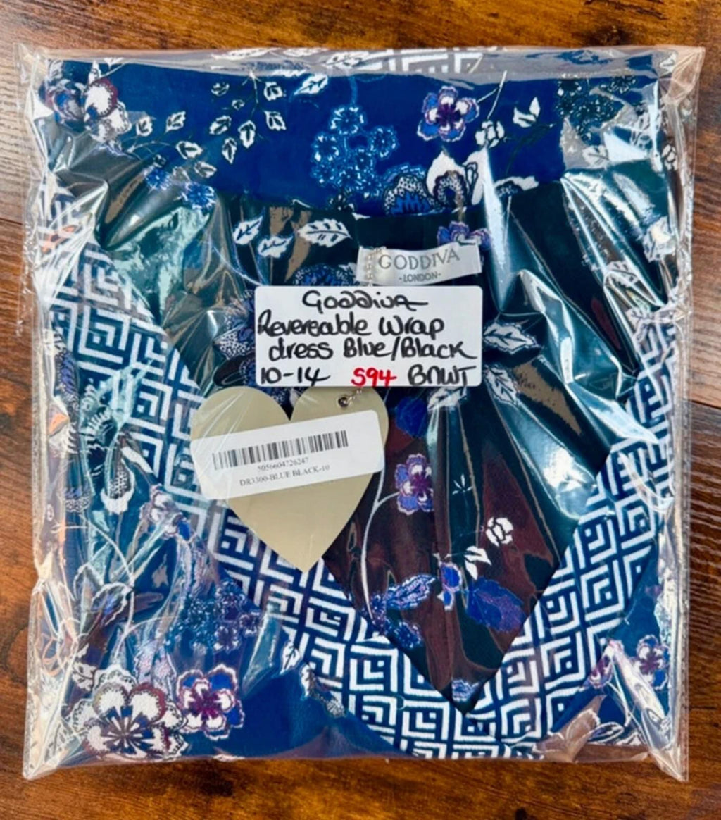 Goddiva Reversible Wrap Dress UK 10-14 Blue Floral Midi Boho