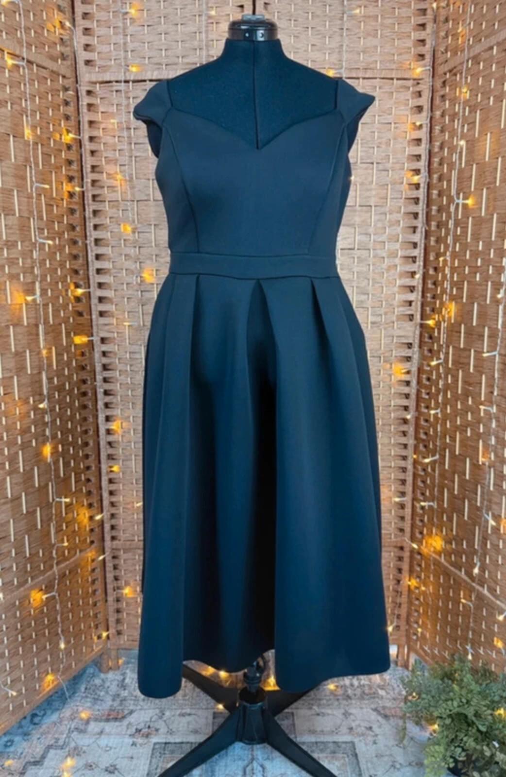 Goddiva Black Scuba Midi Dress UK 18 Fit & Flare Pockets Prom