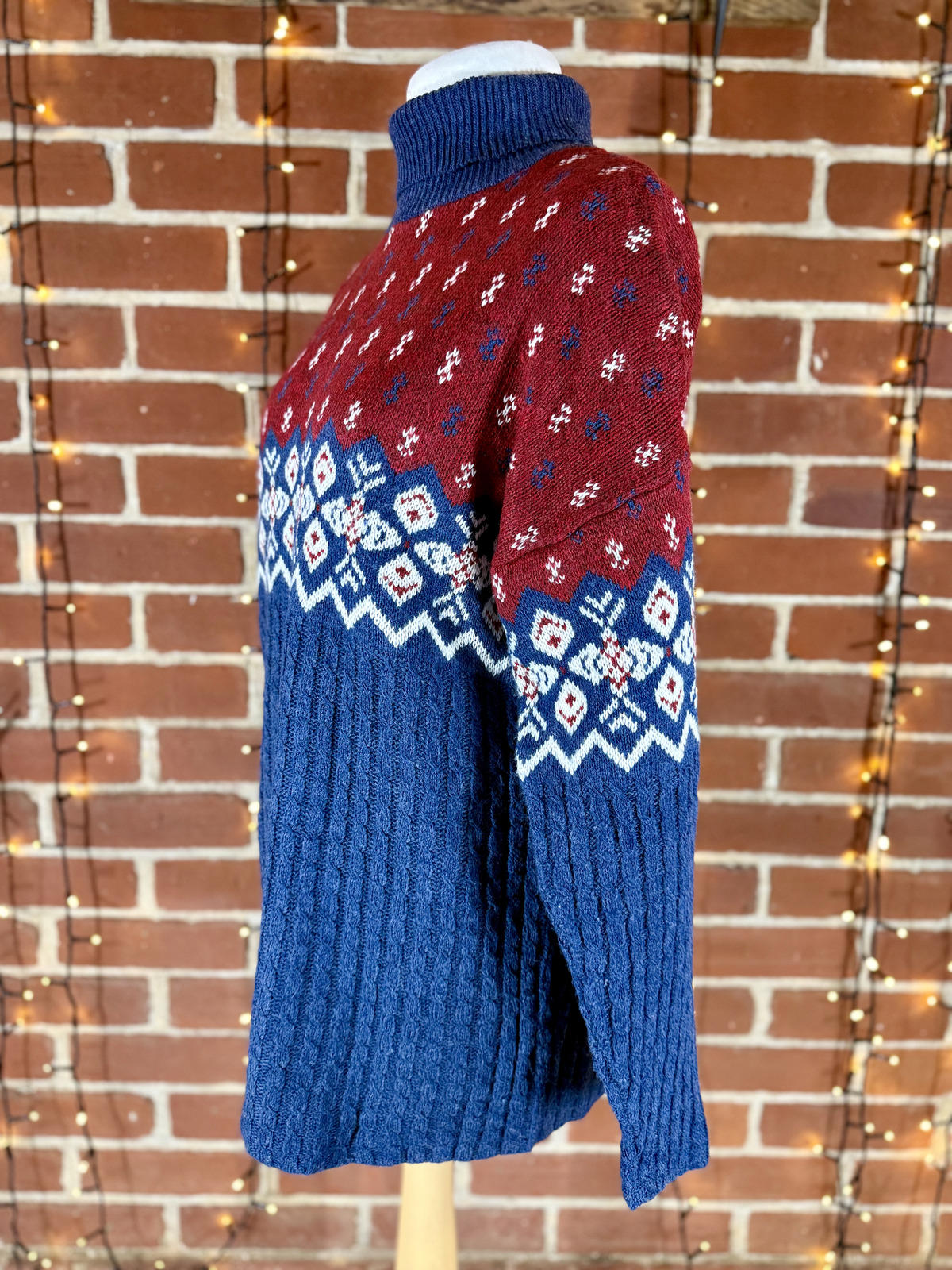 Vintage 80s/90s Basic Editions USA Fair Isle Knit Sweater Red Navy L NUM56