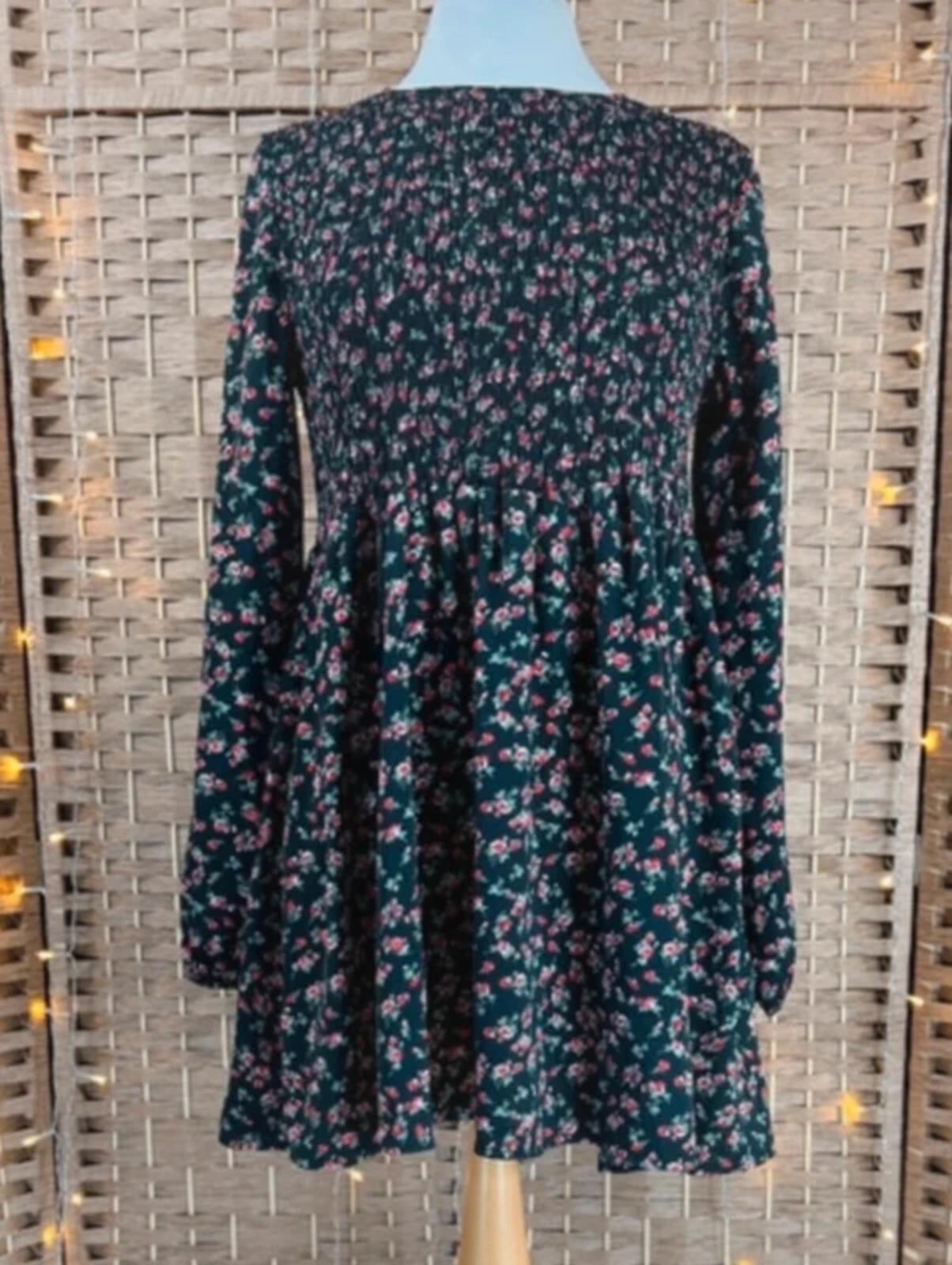 Daisy Street Floral Smock Dress UK 8 US 4 Black Mini Cottagecore