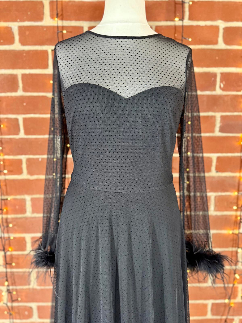Goddiva Black Mesh Feather Sleeve Gown UK 16 Elegant Evening Dress #179